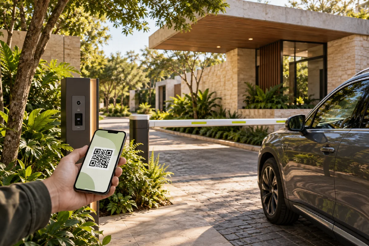 Ilustración de un acceso residencial automatizado y un pase digital